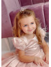 Blush Satin Feather Pearl Beaded Flower Girl Dress